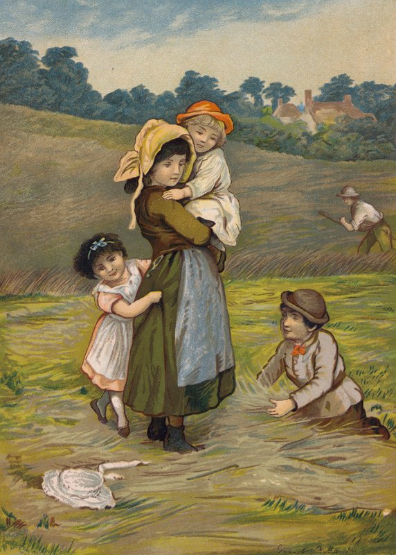 Børn med deres mor ved høsten (chromolitho) af Emily Jane Harding Andrews