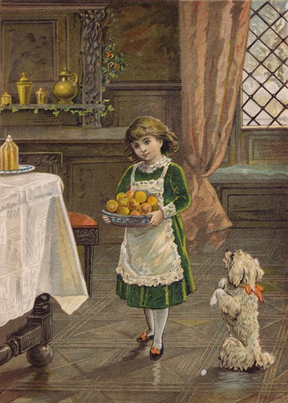 Pige med en skål frugt (chromolitho) af Emily Jane Harding Andrews