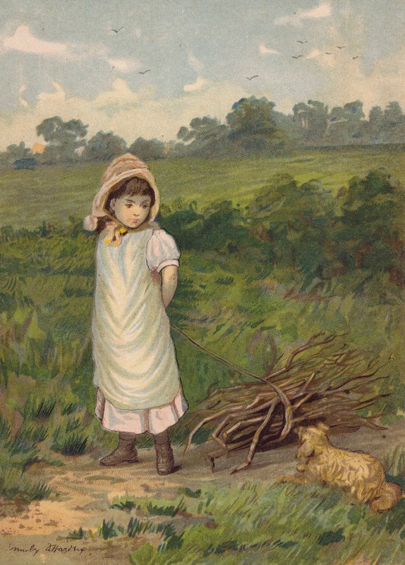 Pige samler brænde med sin hund (chromolitho) af Emily Jane Harding Andrews