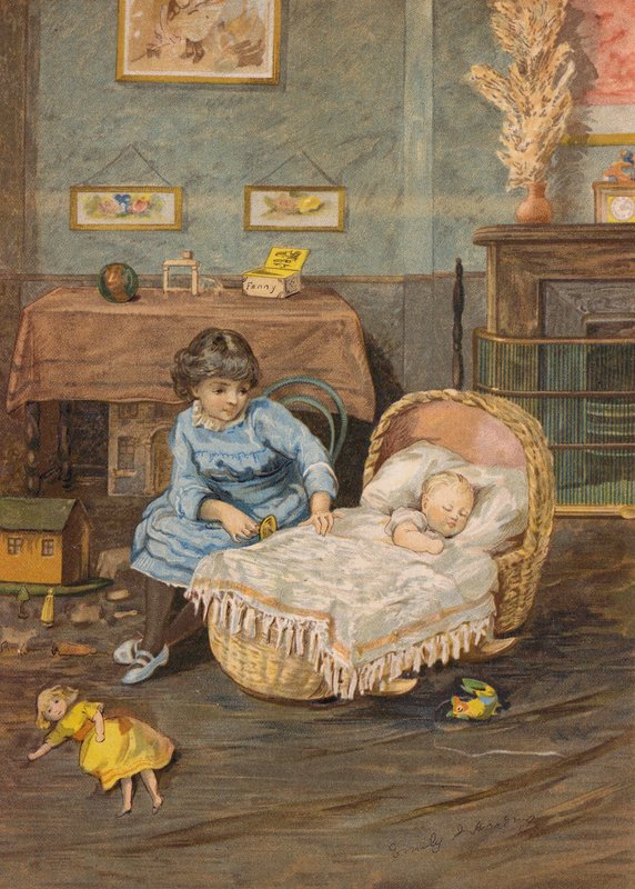 Pige holder øje med en baby i en vugge (chromolitho) af Emily Jane Harding Andrews
