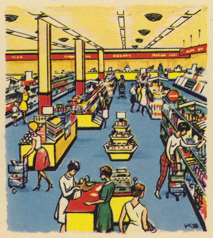 En tidlig selvbetjeningsbutik eller supermarked i Storbritannien, ca 1950 af English School