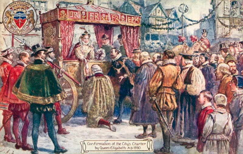 Bath Pageant, bekræftelse af byens charter af dronning Elizabeth I, AD 1590 af English School