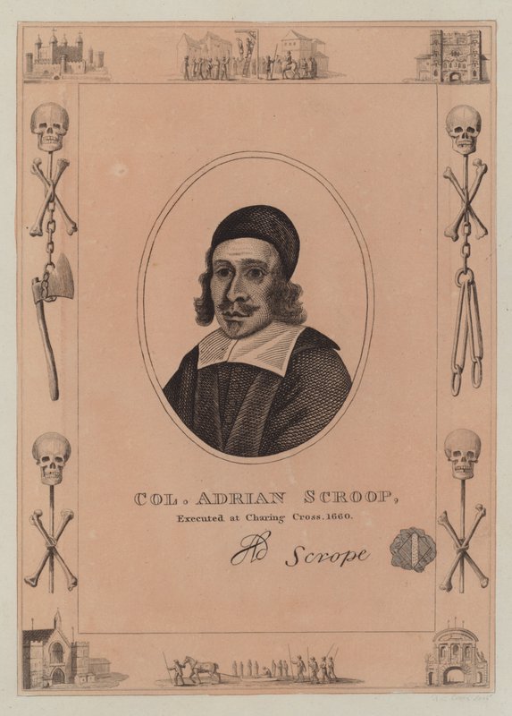 Oberst Adrian Scroop, henrettet ved Charing Cross, 1660 af English School