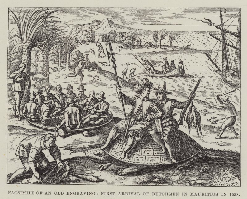 Faksimile af en gammel gravering, hollændernes første ankomst til Mauritius i 1598 af English School