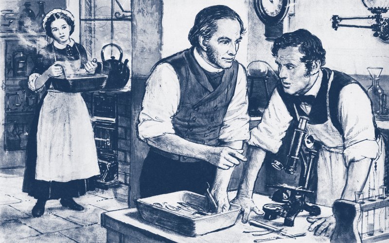 Joseph Lister viser mikrober på uvaskede kirurgiske instrumenter af English School