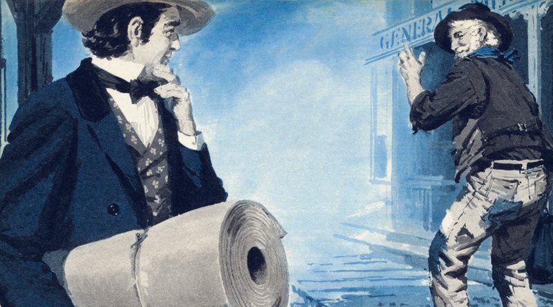 Levi Strauss, der bærer sin rulle lærred, ankommer til San Francisco af English School