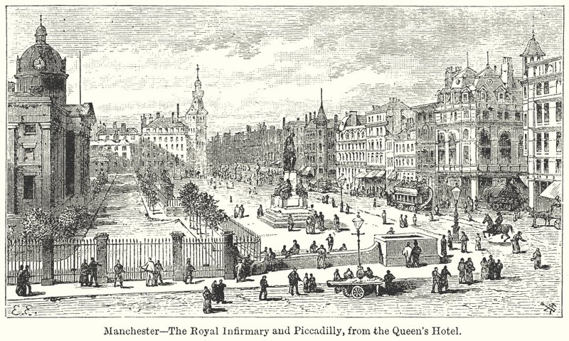 Manchester ? The Royal Infirmary og Piccadilly, fra Queens Hotel af English School