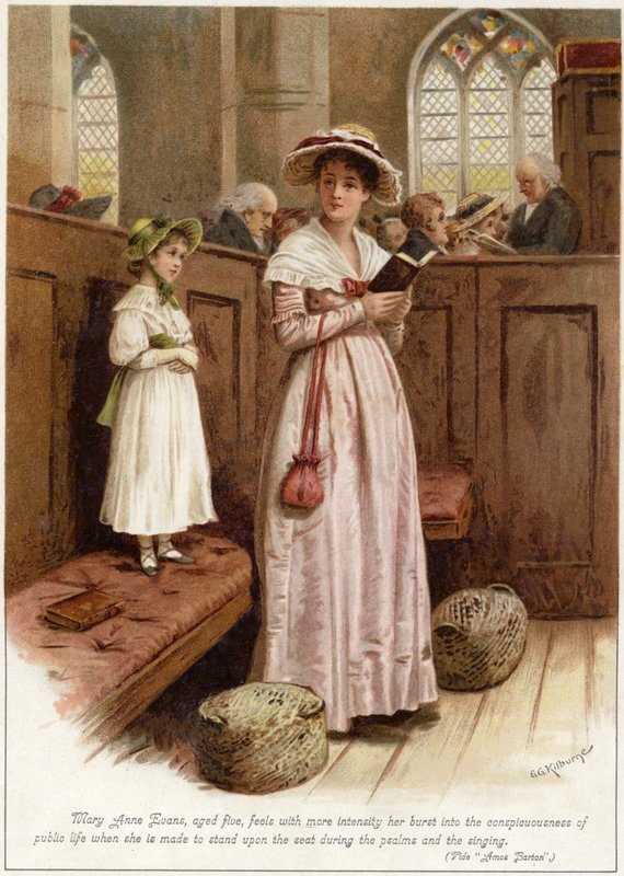 Mary Anne Evans (dvs. George Eliot), fem år gammel, føler med mere intensitet, at hun brast ud i ? af English School