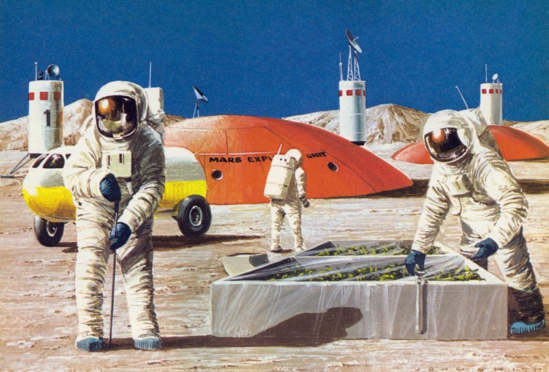 Mænd, der arbejder på planeten Mars, som forestillet sig i 1970
