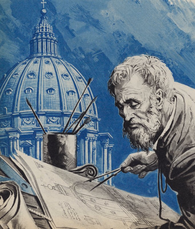 Michelangelo, med sit design til St. Peters kuppel i Rom af English School