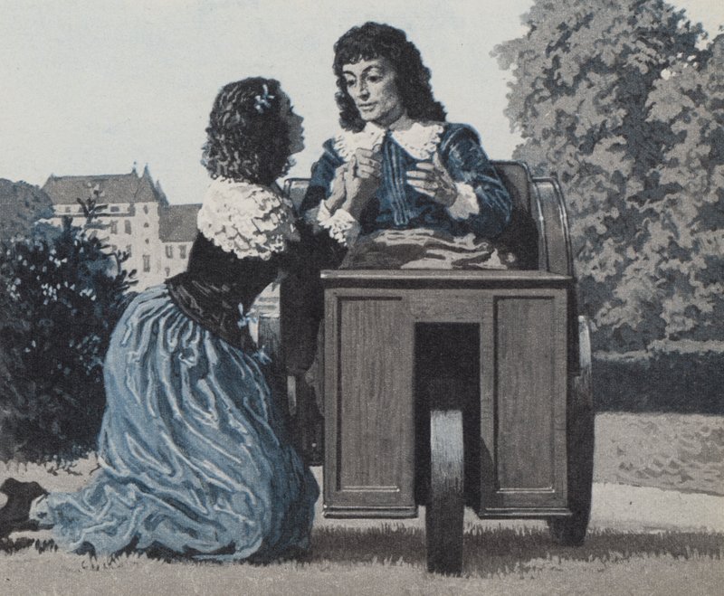 Paul Scarron, i sin kasse på hjul, bliver passet af sin kone, senere den berømte Marquise De Maintenon af English School