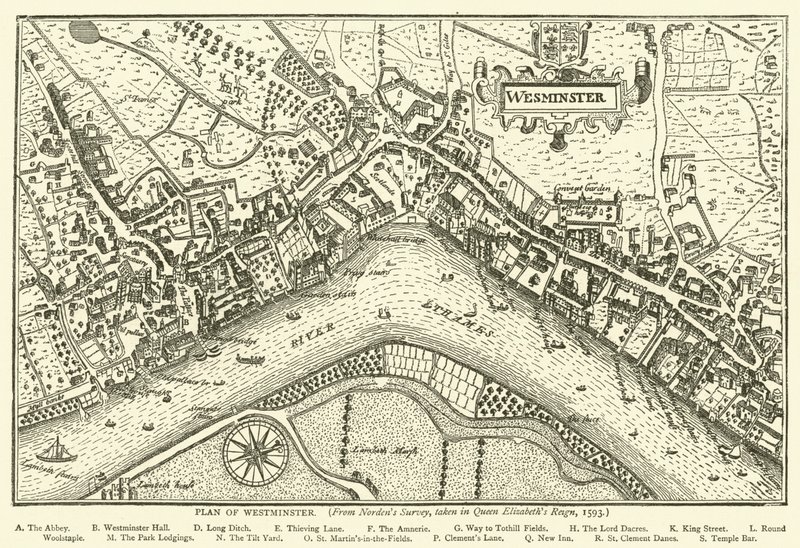 Plan af Westminster, fra Nordens undersøgelse, taget i dronning Elizabeths regeringstid, 1593 af English School
