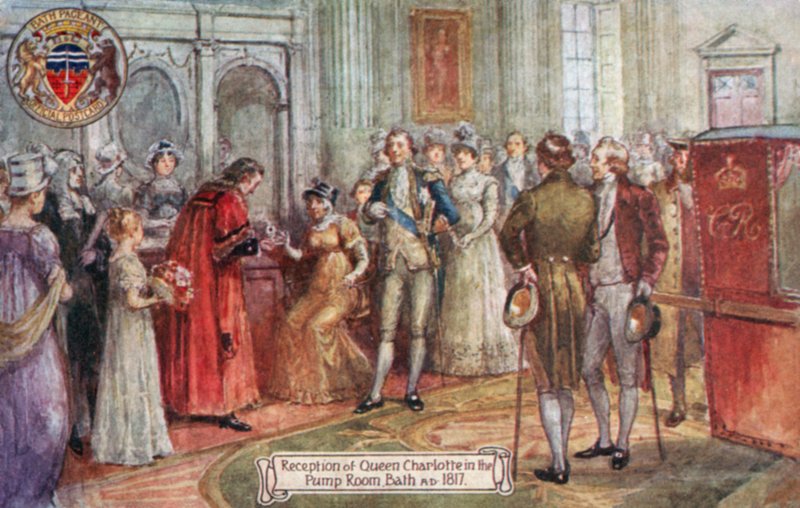 Modtagelse af dronning Charlotte i pumperummet, Bath, 1817 e.Kr af English School
