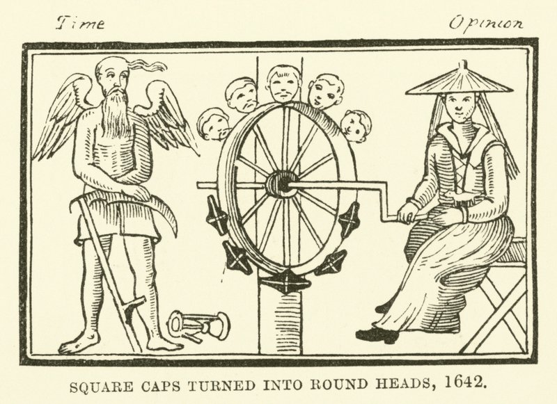 Firkantede kasketter omdannet til runde hoveder, 1642 af English School