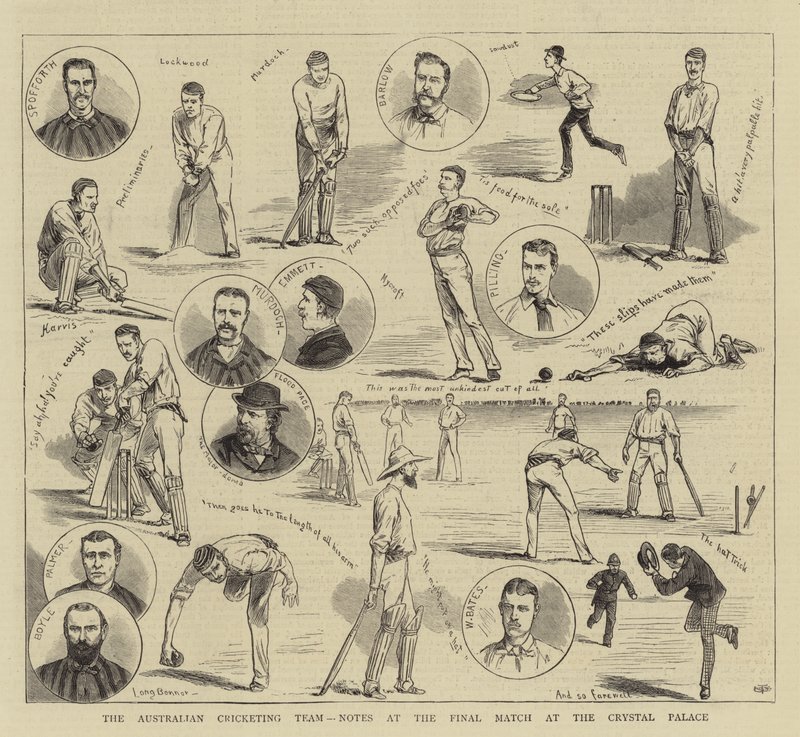 Det australske crickethold, noterer sig ved finalekampen i Crystal Palace af English School