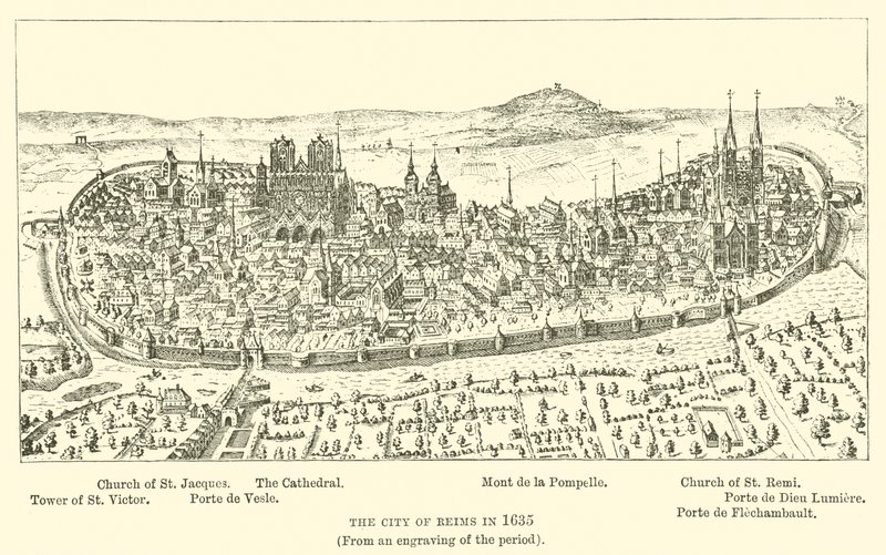 Byen Reims i 1635, (Fra en gravering af perioden) af English School