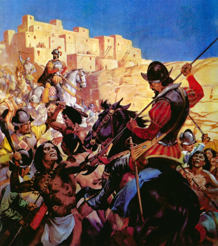 Pueblo-indianerne i det nordlige Arizona angrebet af spanske conquistadorer af English School