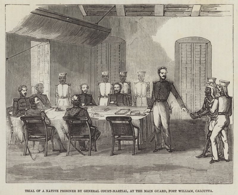 Retssag mod en indfødt fange ved General Court-Martial, ved hovedvagten, Fort William, Calcutta af English School