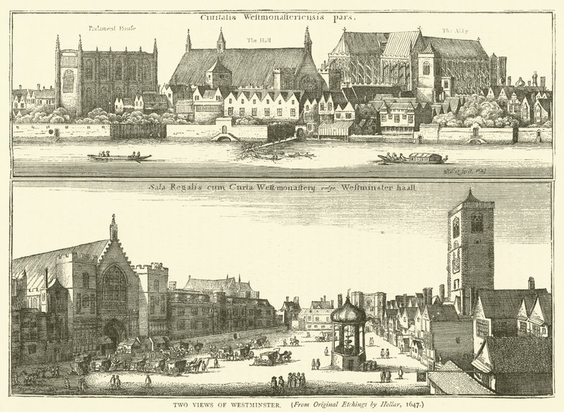 To visninger af Westminster, fra originale raderinger af Hollar, 1647 af English School