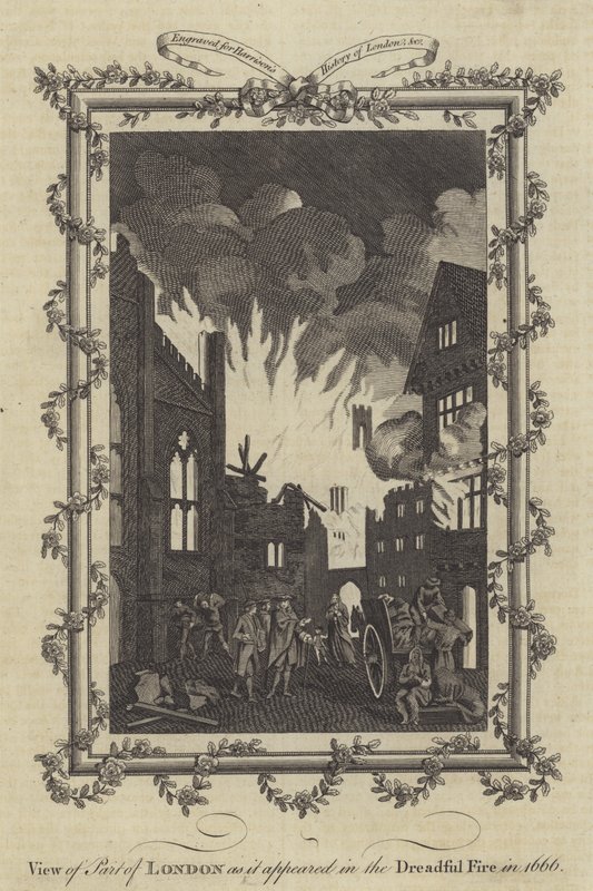 Udsigt over en del af London, som den så ud i den frygtelige brand i 1666 af English School