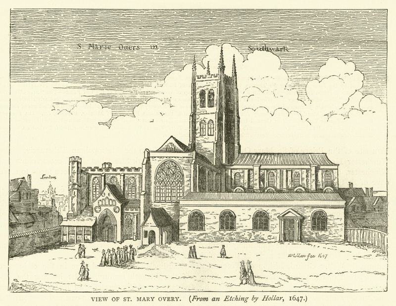 Udsigt over St Mary Overy, fra en radering af Hollar, 1647 af English School