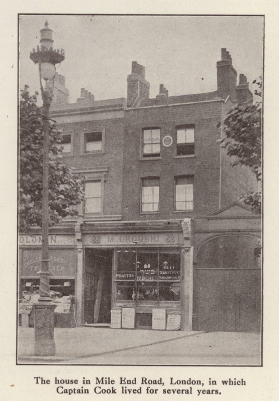 88 Mile End Road, London, hus, hvor den engelske opdagelsesrejsende kaptajn James Cook boede fra 1764 til sin død (s/h foto) af English Photographer