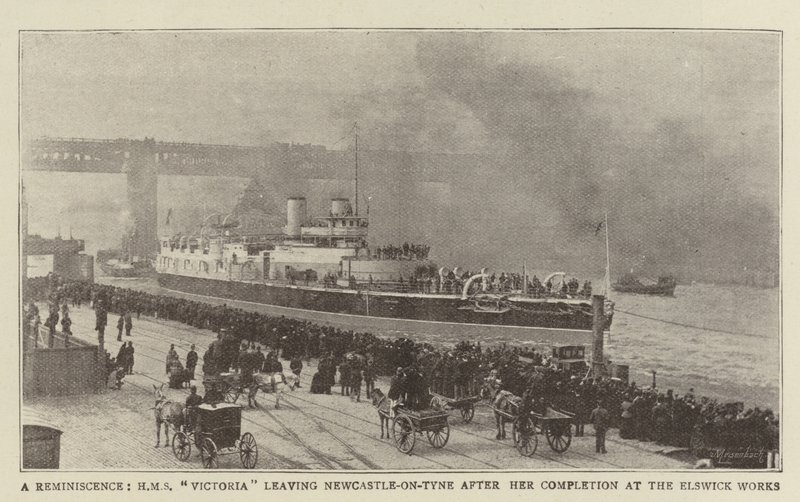 En reminiscens, HMS Victoria forlader Newcastle-on-Tyne efter sin færdiggørelse på Elswick Works af English Photographer