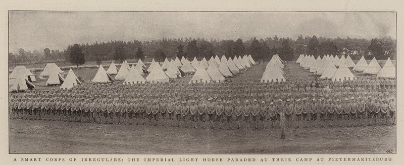 Et smart korps af irregulære, den kejserlige lyshest paraderede ved deres lejr i Pietermaritzburg af English Photographer
