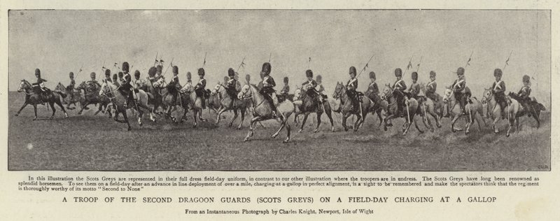En troppe af den anden dragonvagt (Scots Greys) på en feltdag, der oplader i galop af English Photographer