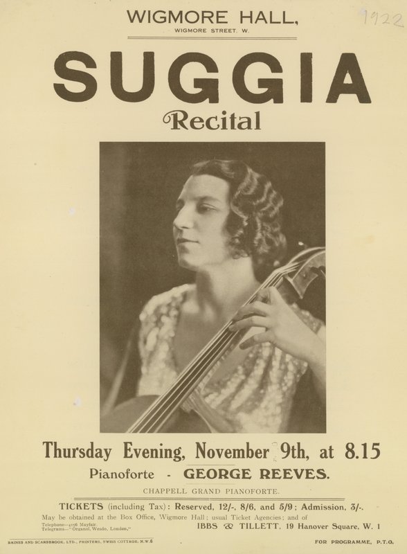 Annoncer for en Suggia-recital i Wigmore Hall af English Photographer