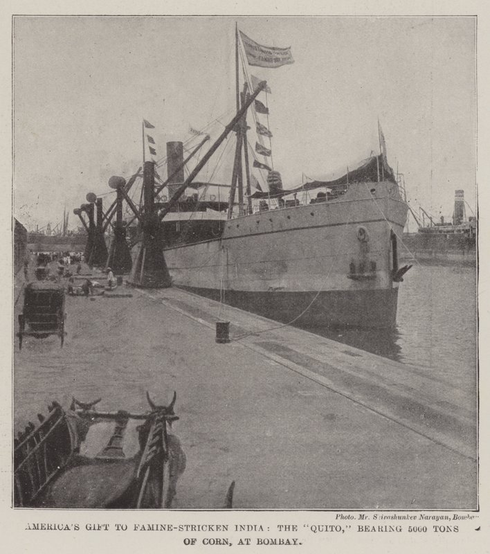 Amerikas gave til det hungersnødramte Indien, Quito, med 5000 tons majs i Bombay af English Photographer