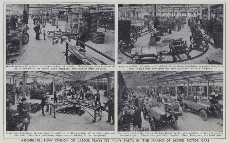 Samling, hvordan arbejdsdeling spiller sine mange roller i fremstillingen af Morris Motor Cars (s/h foto) af English Photographer