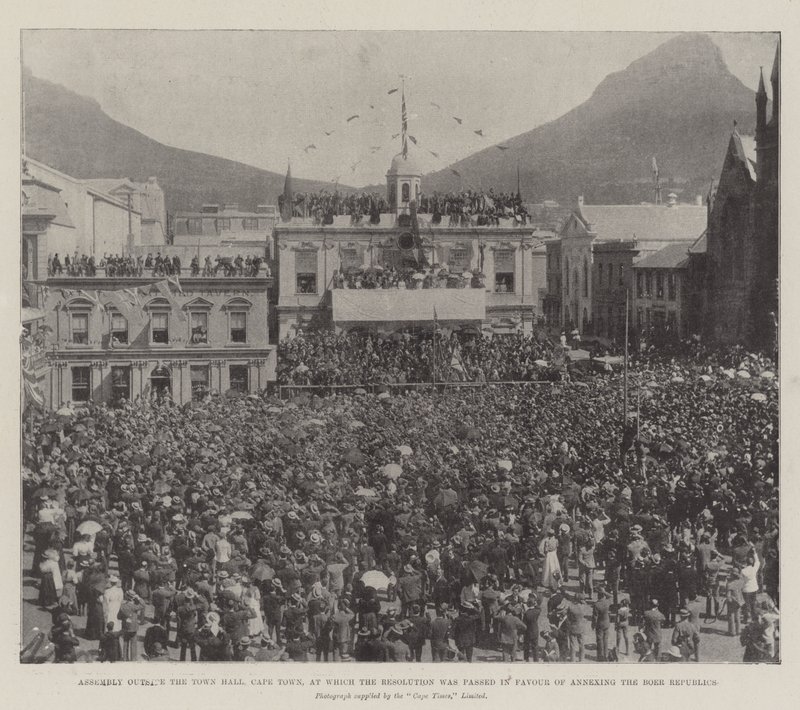 Forsamling uden for rådhuset, Cape Town, hvor resolutionen blev vedtaget til fordel for annektering af boerrepublikkerne af English Photographer