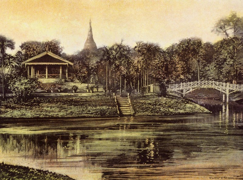 Burmah / Myanmar: Pagoden fra Cantonment Gardens (farvefoto) af English Photographer
