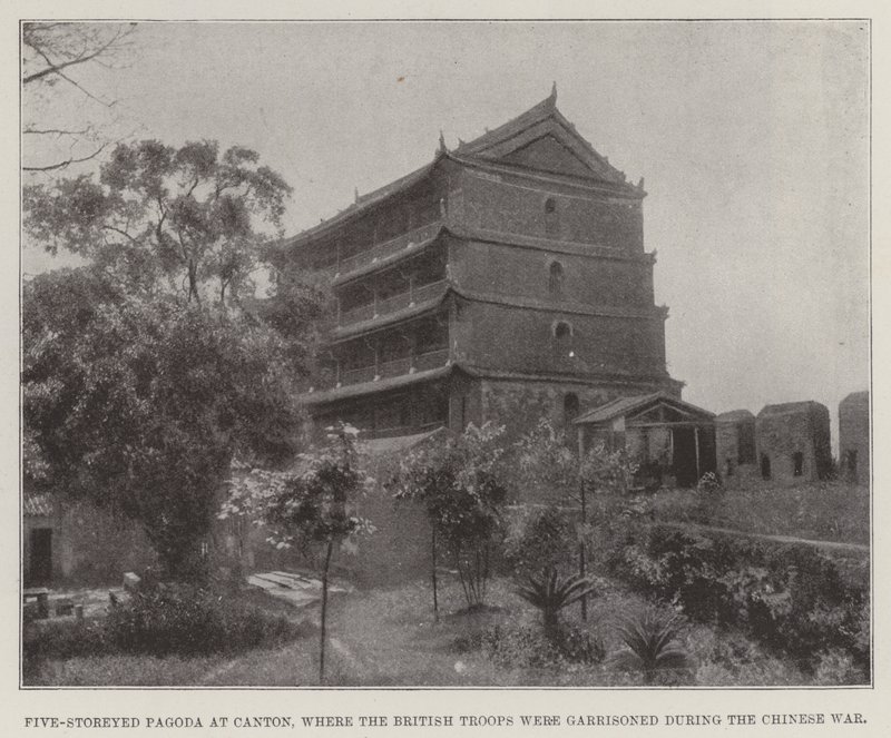 Fem-etagers pagode ved Canton, hvor de britiske tropper var garnisoneret under den kinesiske krig af English Photographer