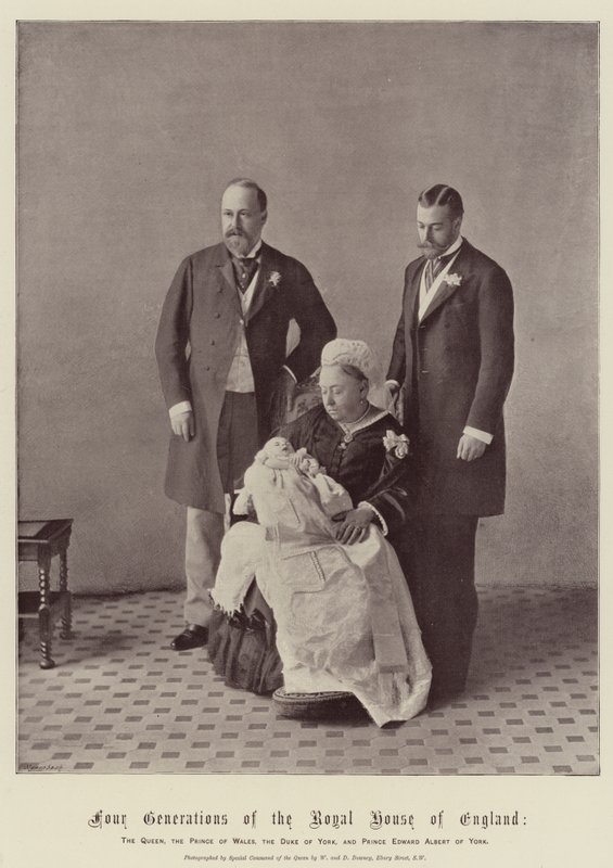 Fire generationer af kongehuset i England, dronningen, prinsen af Wales, hertugen af York og prins Edward Albert af York af English Photographer