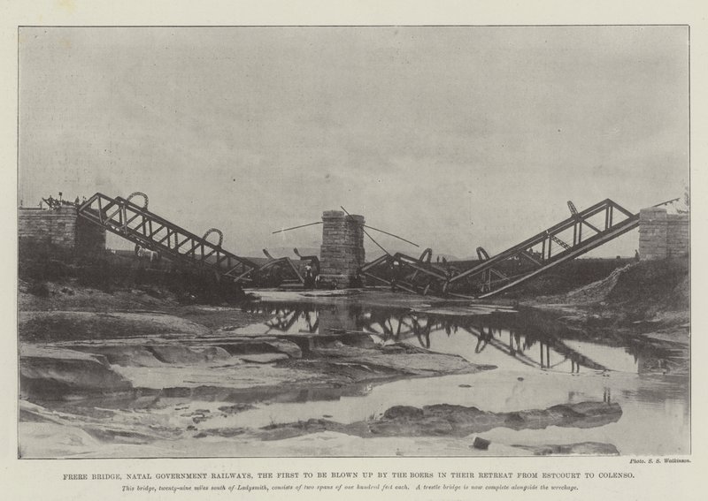 Frere Bridge, Natal Government Railways, den første, der blev sprængt i luften af boerne i deres tilbagetog fra Estcourt til Colenso af English Photographer
