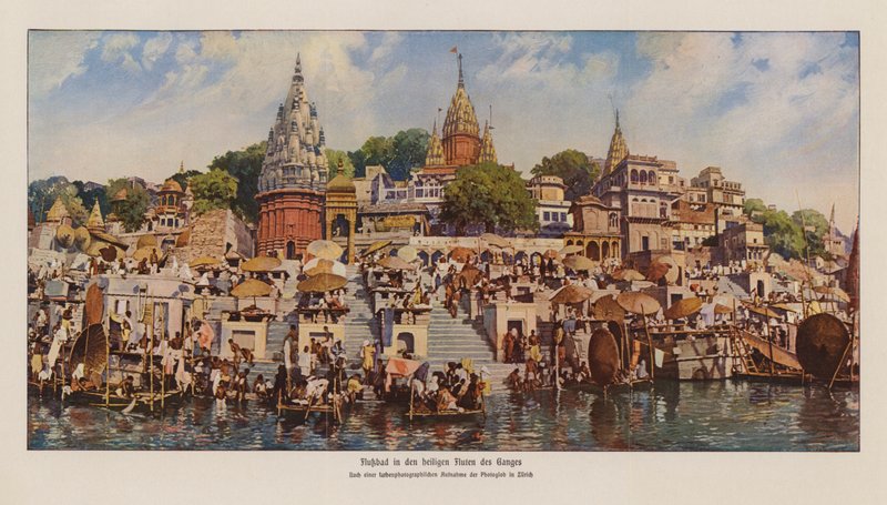 Ghats i Varanasi ved floden Ganges, Indien (foto i farver) af English Photographer