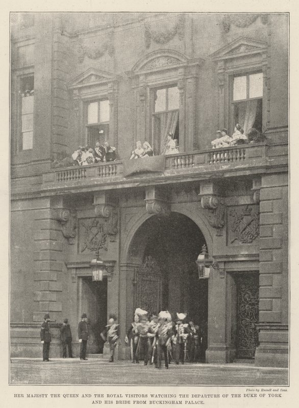 Hendes Majestæt Dronningen og de kongelige besøgende ser hertugen af Yorks og hans bruds afgang fra Buckingham Palace af English Photographer