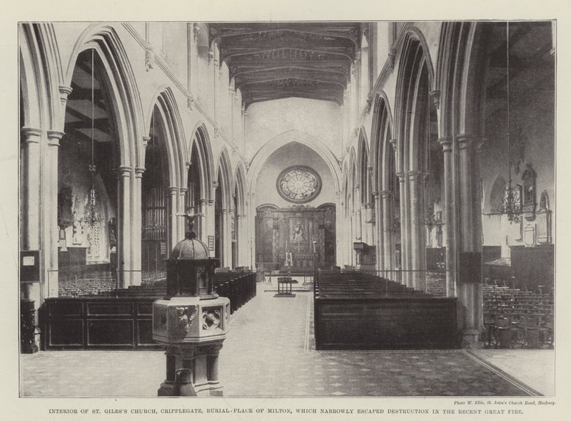 Interiør af St Giles Church, Cripplegate, Burial-Place of Milton, som med nød og næppe undslap ødelæggelsen i den seneste store brand af English Photographer