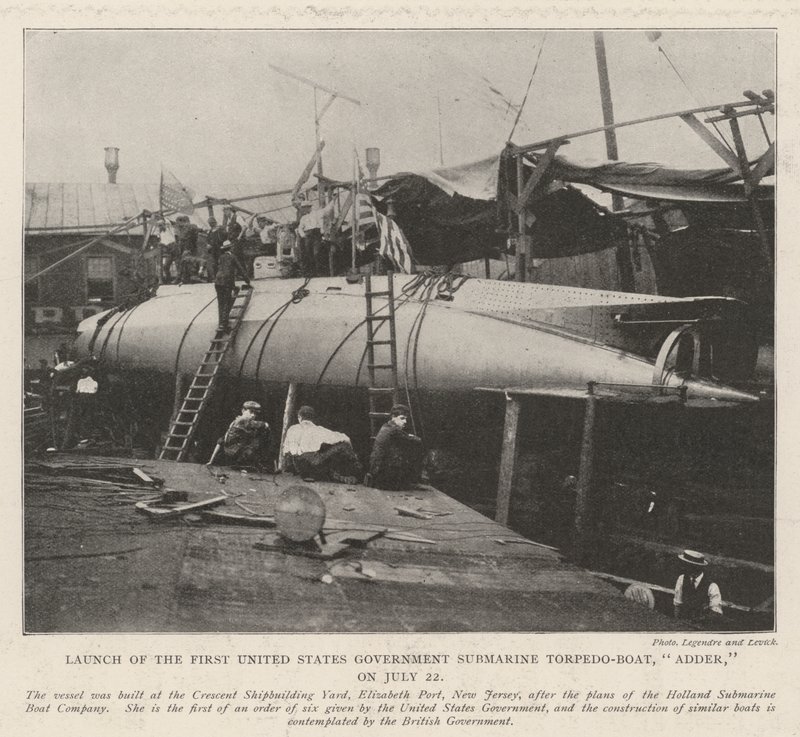 Lancering af den første amerikanske regerings ubåd Torpedo-båd, Adder, den 22. juli af English Photographer