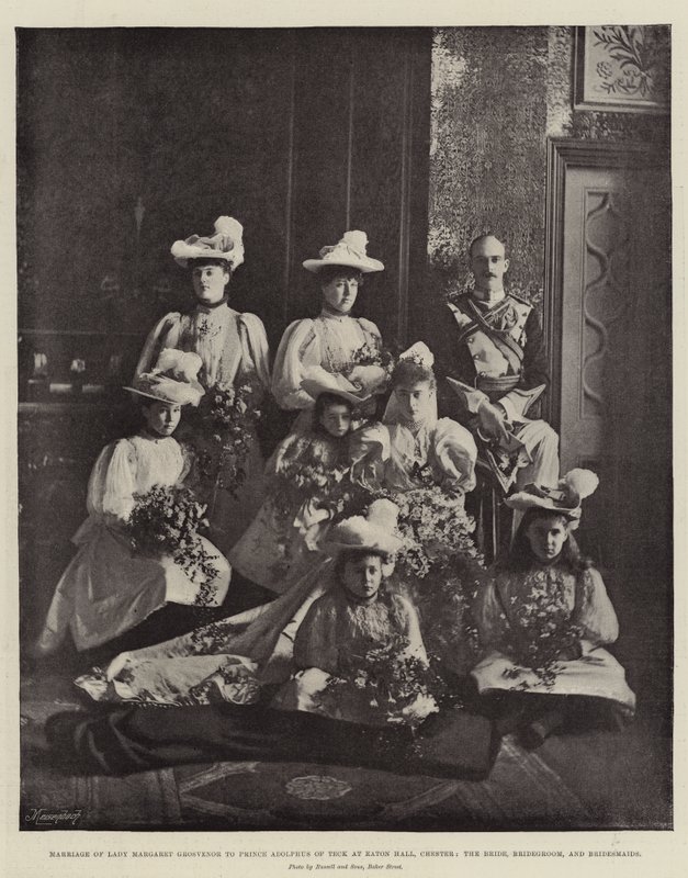 Lady Margaret Grosvenors ægteskab med prins Adolphus af Teck i Eaton Hall, Chester, bruden, brudgommen og brudepiger af English Photographer