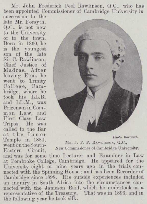 Mr J F P Rawlinson, QC, ny kommissær for Cambridge University af English Photographer