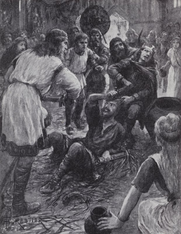 Mordet på kong Edmund I, mens han deltog i St. Augustinsdagsmessen i Pucklechurch, Gloucestershire, 946 (litho) af English Photographer