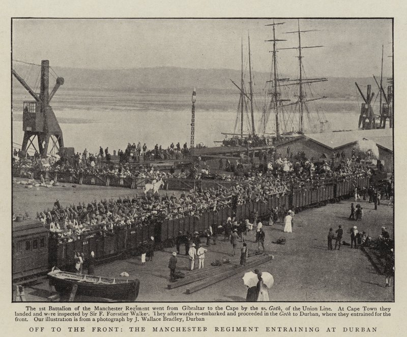 Ud til fronten, Manchester-regimentet, der medriver i Durban af English Photographer