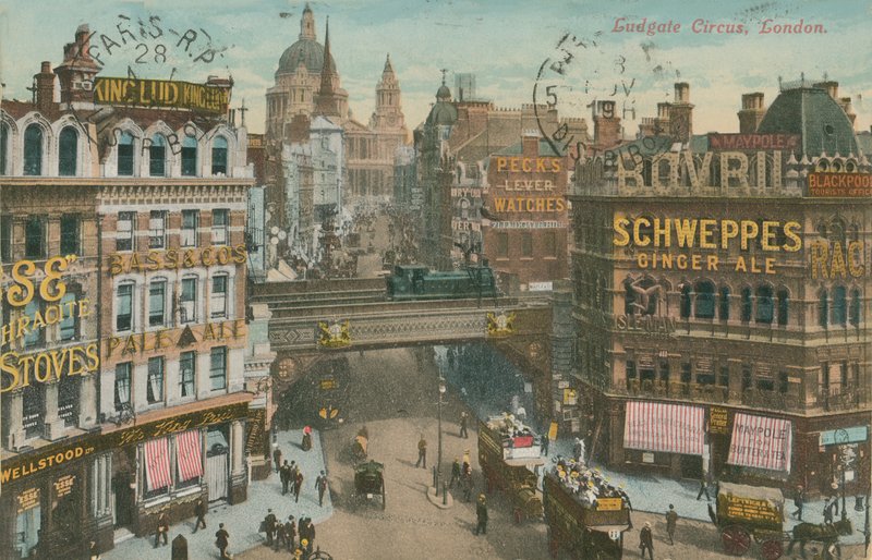 Postkort fra Ludgate Circus, London, sendt i 1913 (håndfarvet foto) af English Photographer