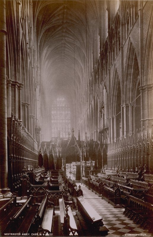 Postkort med et billede af koret i Westminster Abbey af English Photographer