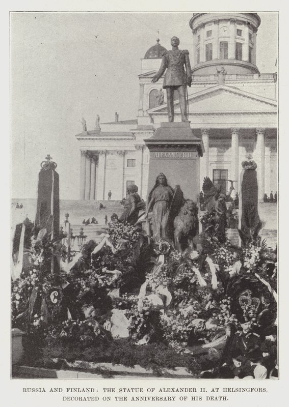 Rusland og Finland, statuen af Alexander II i Helsingfors, dekoreret på årsdagen for hans død af English Photographer