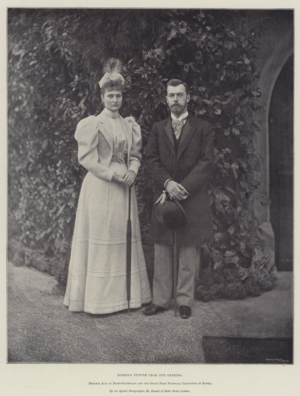 Ruslands fremtidige zar og zarina, prinsesse Alix af Hesse-Darmstadt og storhertug Nicholas, Czarevitch af Rusland af English Photographer