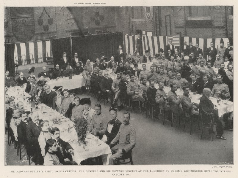 Sir Redvers Bullers svar til sine kritikere, generalen og Sir Howard Vincent ved frokosten til Queens Winchester Rifle Volunteers, 10. oktober af English Photographer